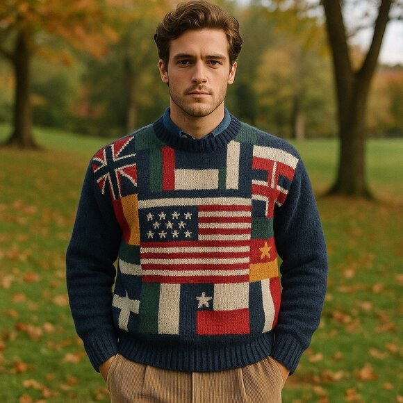 Vintage Y2K American Eagle Men Sweater Size XL 100% Wool Flag Patchwork Preppy - Picture 1 of 15